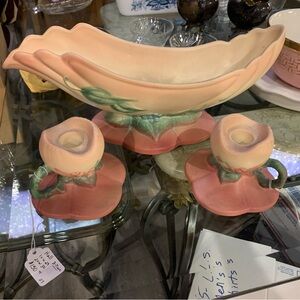 Vintage Pink and Green Hull Pottery Console Ceramic Vase Set